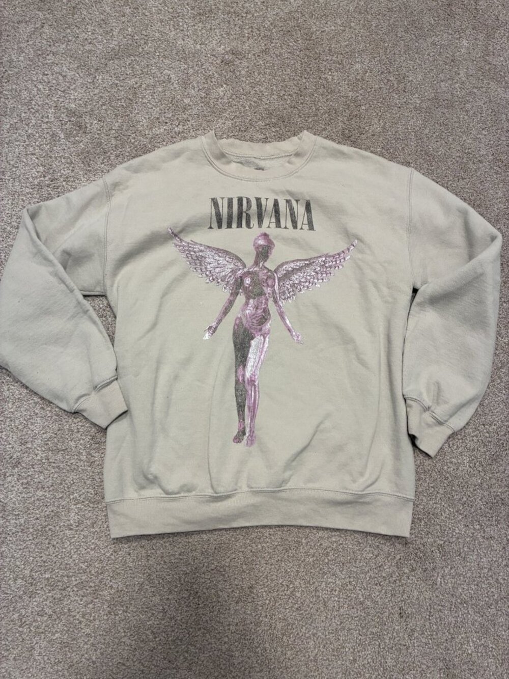 Nirvana In Utero Angel Crewneck Sweatshirt Sand Beige Pink Graphic Band M